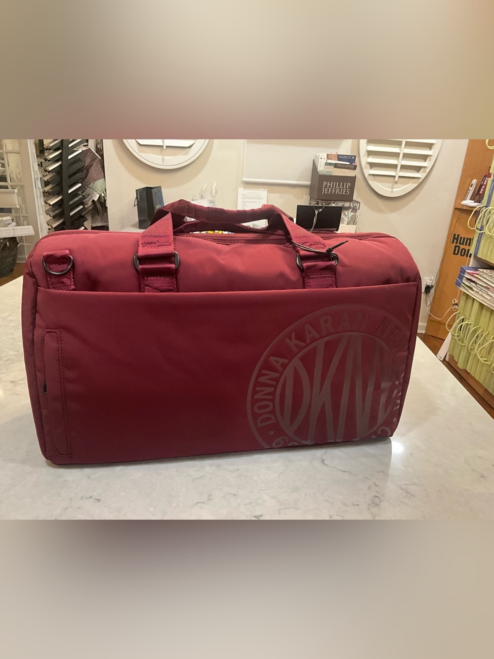 DKNY Burgundy Men's Duffel Bag with Logo